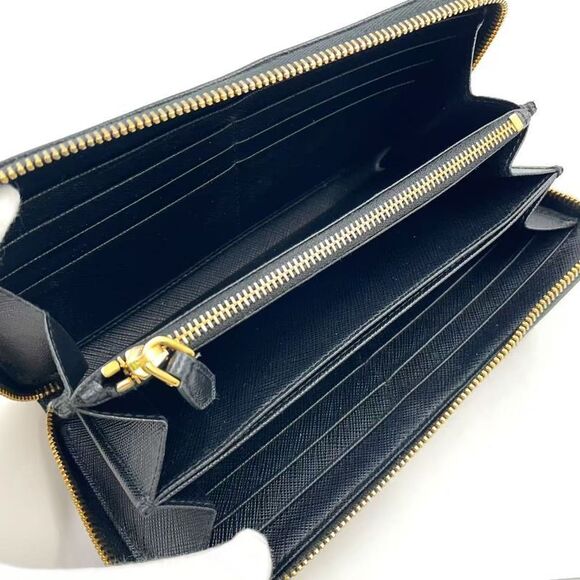 Prada Saffiano Leather Round Zip Leather Black Long Wallet Gold - Picture 3 of 15